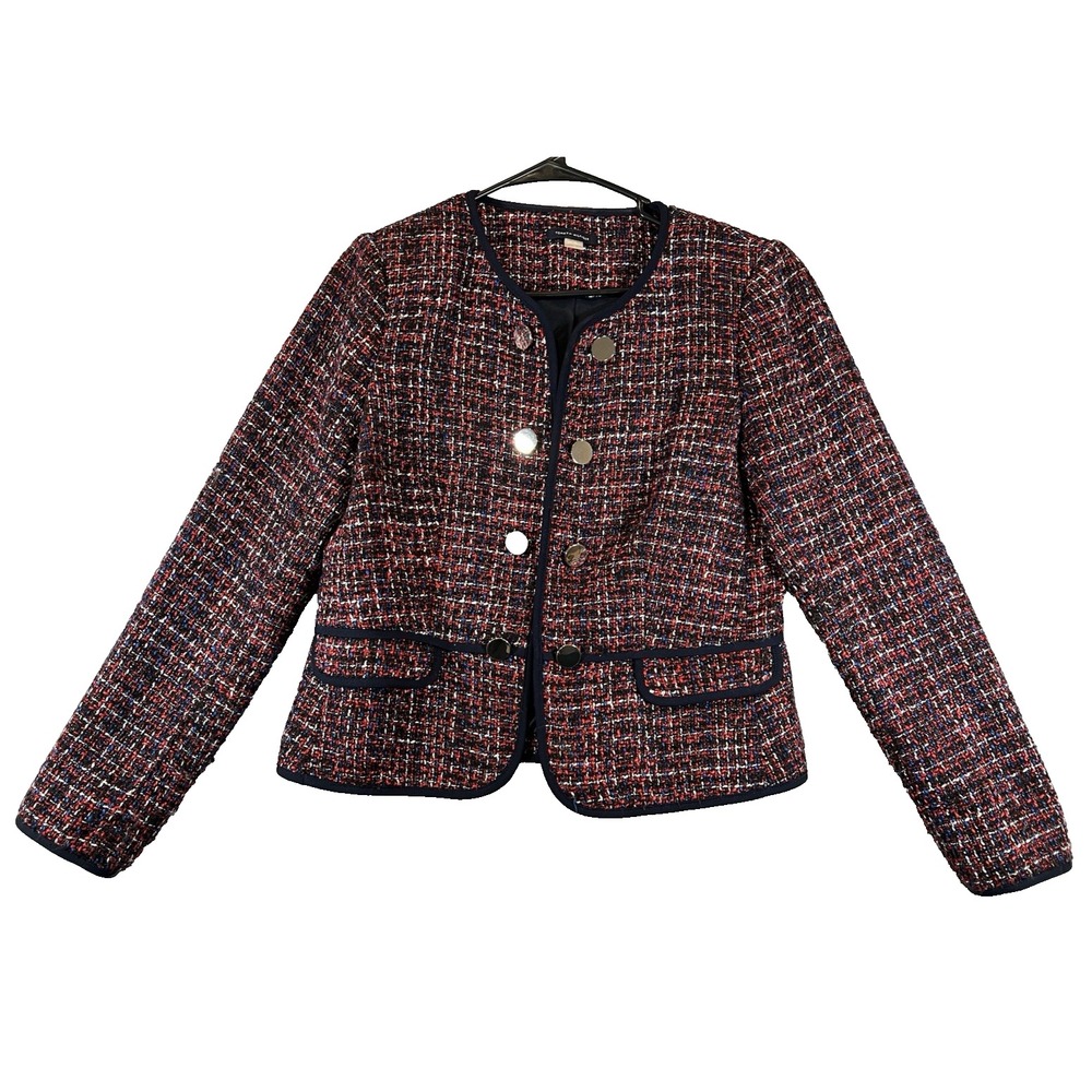 Tommy Hilfiger Tweed Blazer Womens Size 10 Pockets Gold Button Navy Red Classic